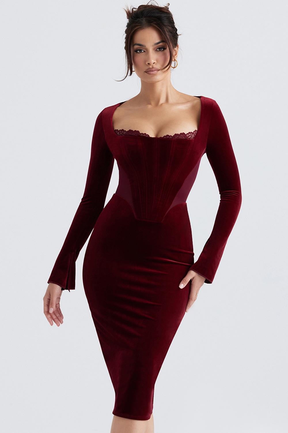 Solaine Wine Velvet Corset Dress Product Image