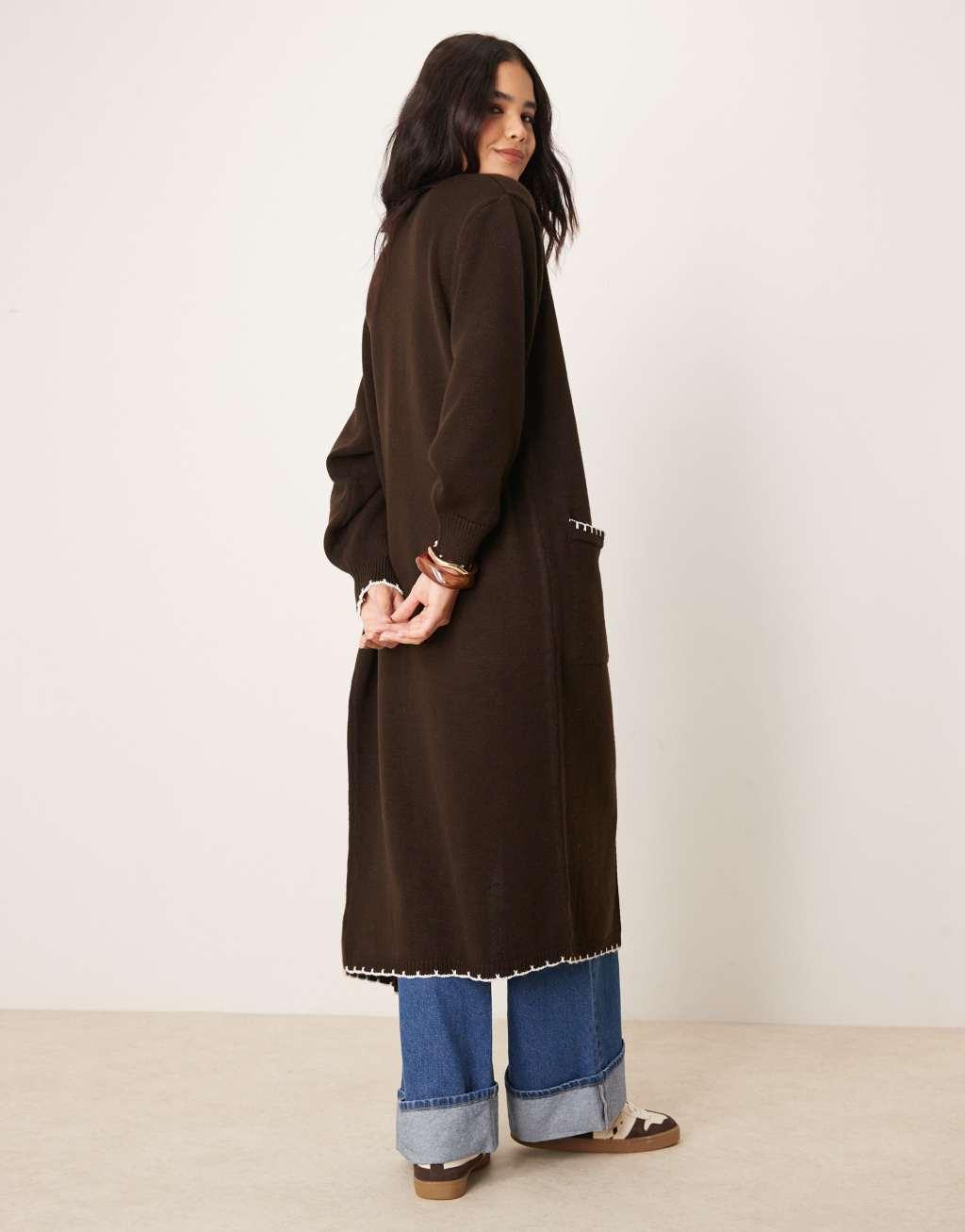 Miss Selfridge blanket stitch maxi cardigan in chocolate Product Image