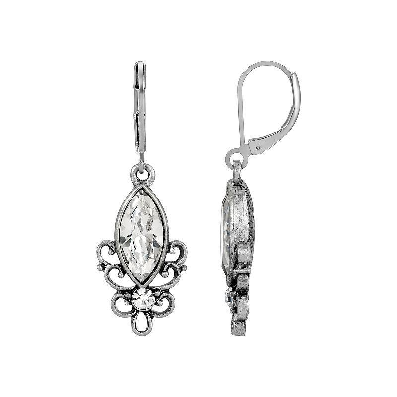 1928 Silver Tone Pewter Filigree Drop Earrings, Womens, Clear Product Image