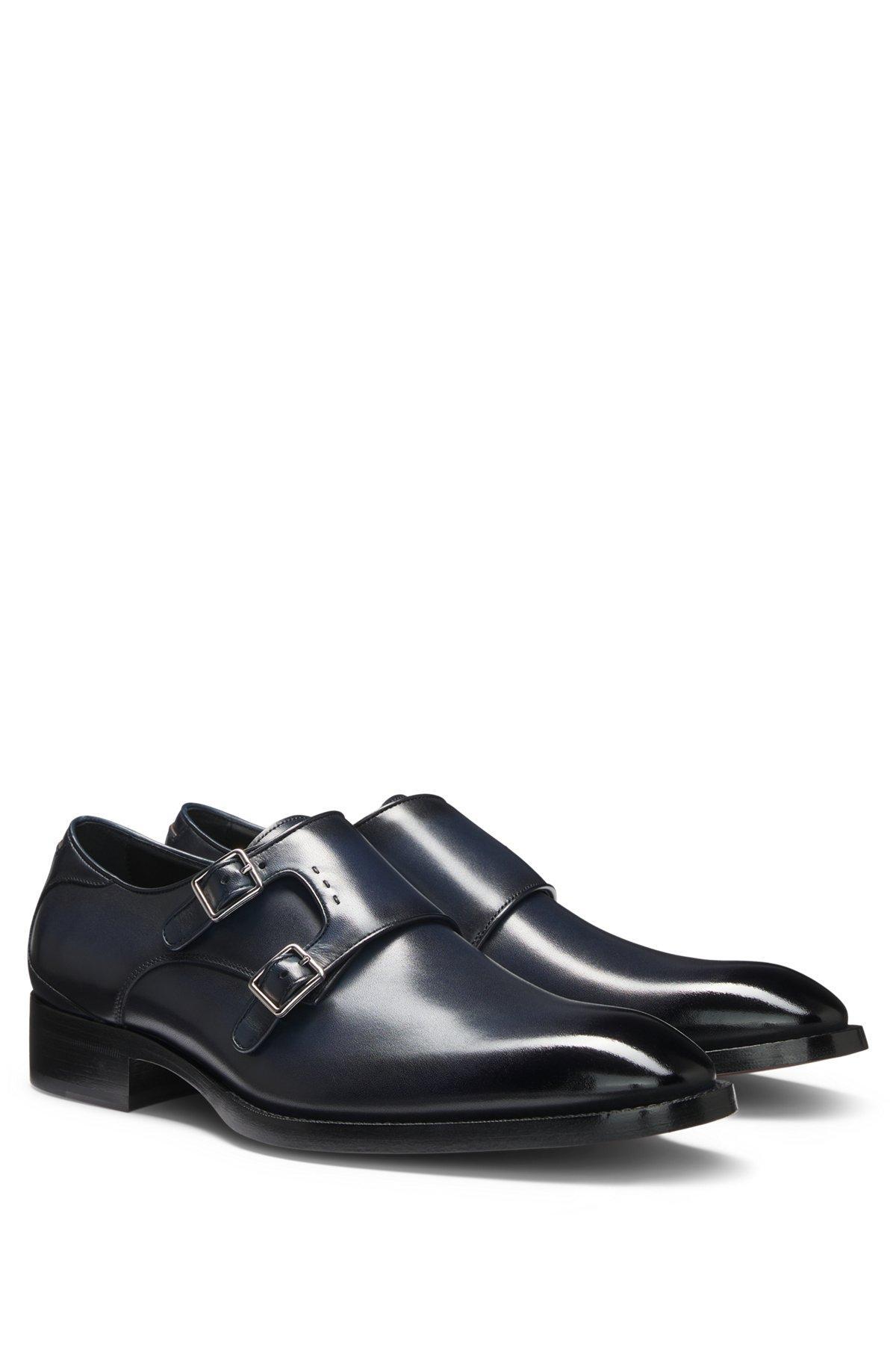 BOSS - Double-strap monk shoes in burnished leather - Dark Blue Product Image