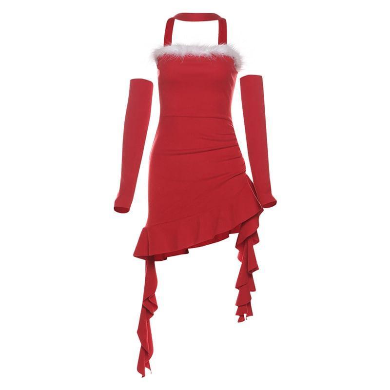 Sleeveless Halter-Neck Furry-Trim Ruffled-Trim Slim-Fit Mini Bodycon Dress Product Image