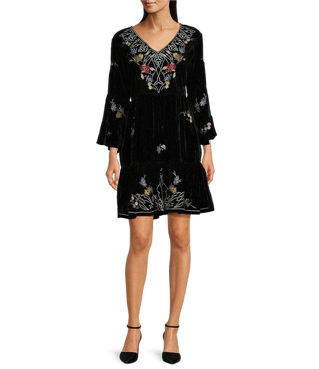 Karyn Seo Frida Embroidered Velvet V-Neck Long Sleeve Peasant Dress Product Image