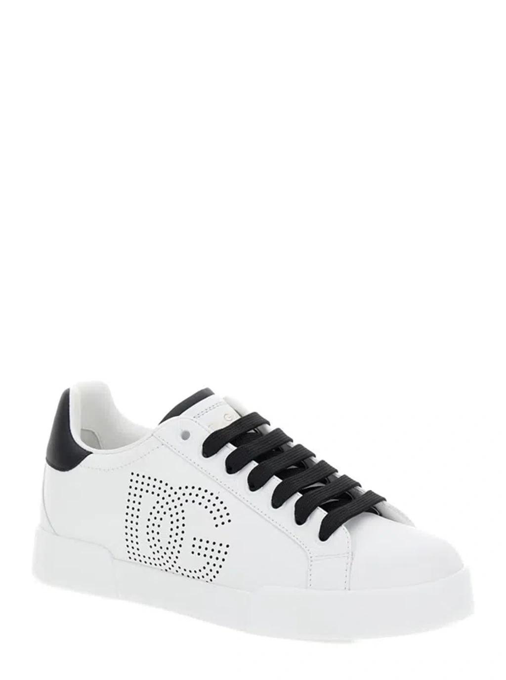 'portofino' White Low Top Sneakers With Perforated Dg Logo In Leather Woman Product Image