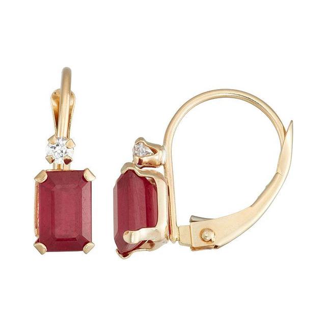 Designs by Gioelli 10k Gold Emerald-Cut Lab-Created Ruby & White Zircon Leverback Earrings, Womens, Red Product Image