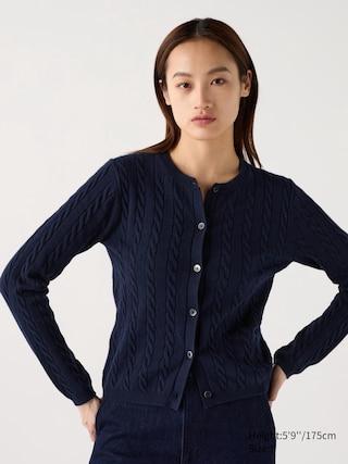 Womens Cable Crew Neck Cardigan Navy XL UNIQLO US Product Image