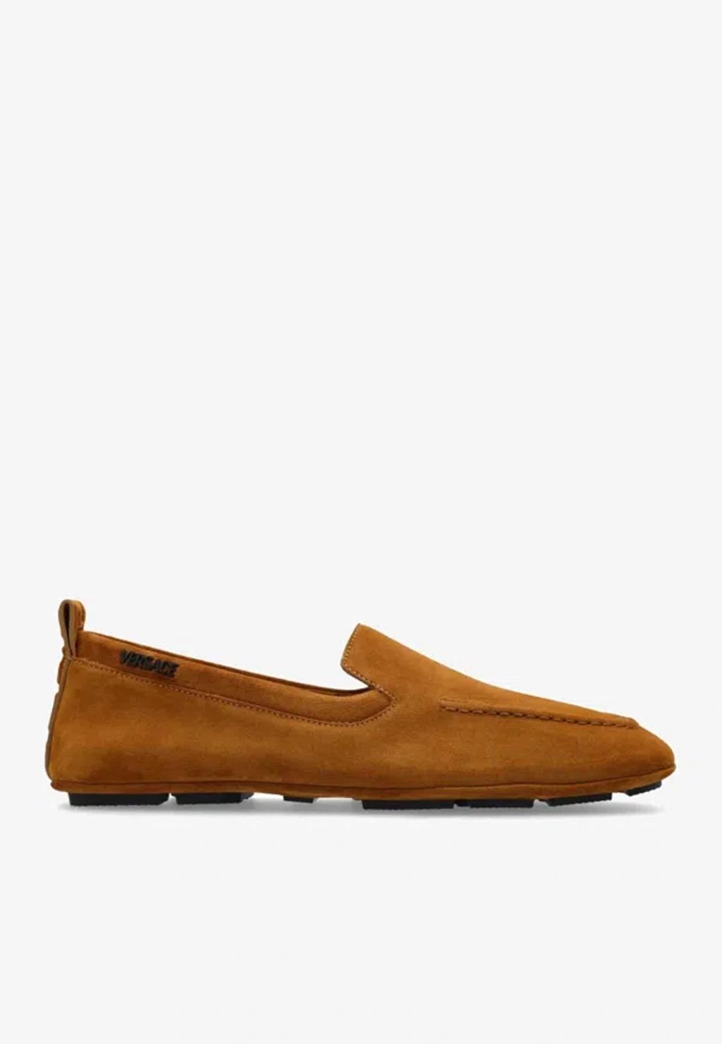 VERSACE Suede Driving Shoes In Brown Product Image