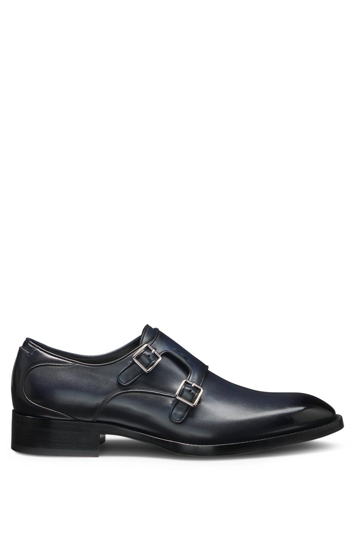 BOSS - Double-strap monk shoes in burnished leather - Dark Blue Product Image