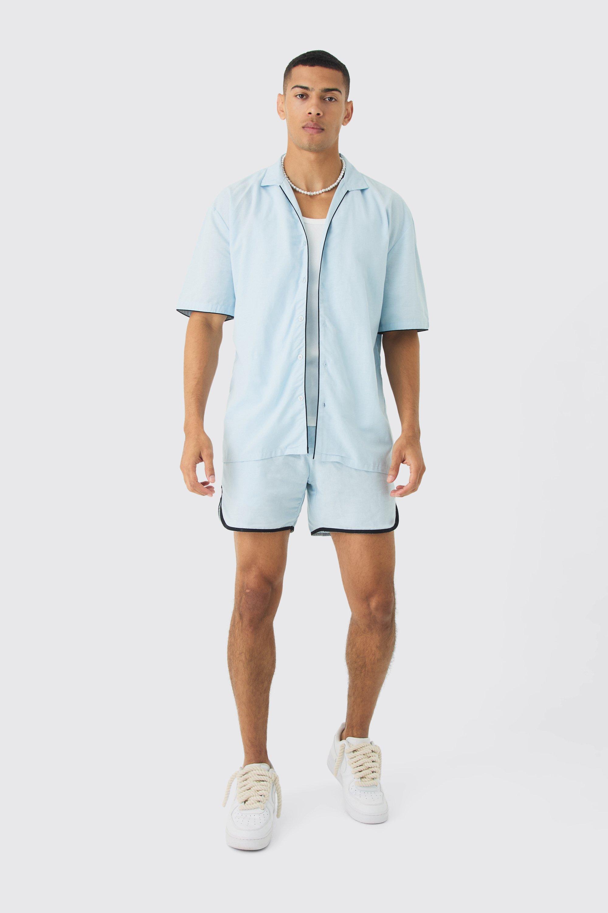 Dropped Revere Linen Piped Shirt & Smart Short Set | boohooMAN USA Product Image