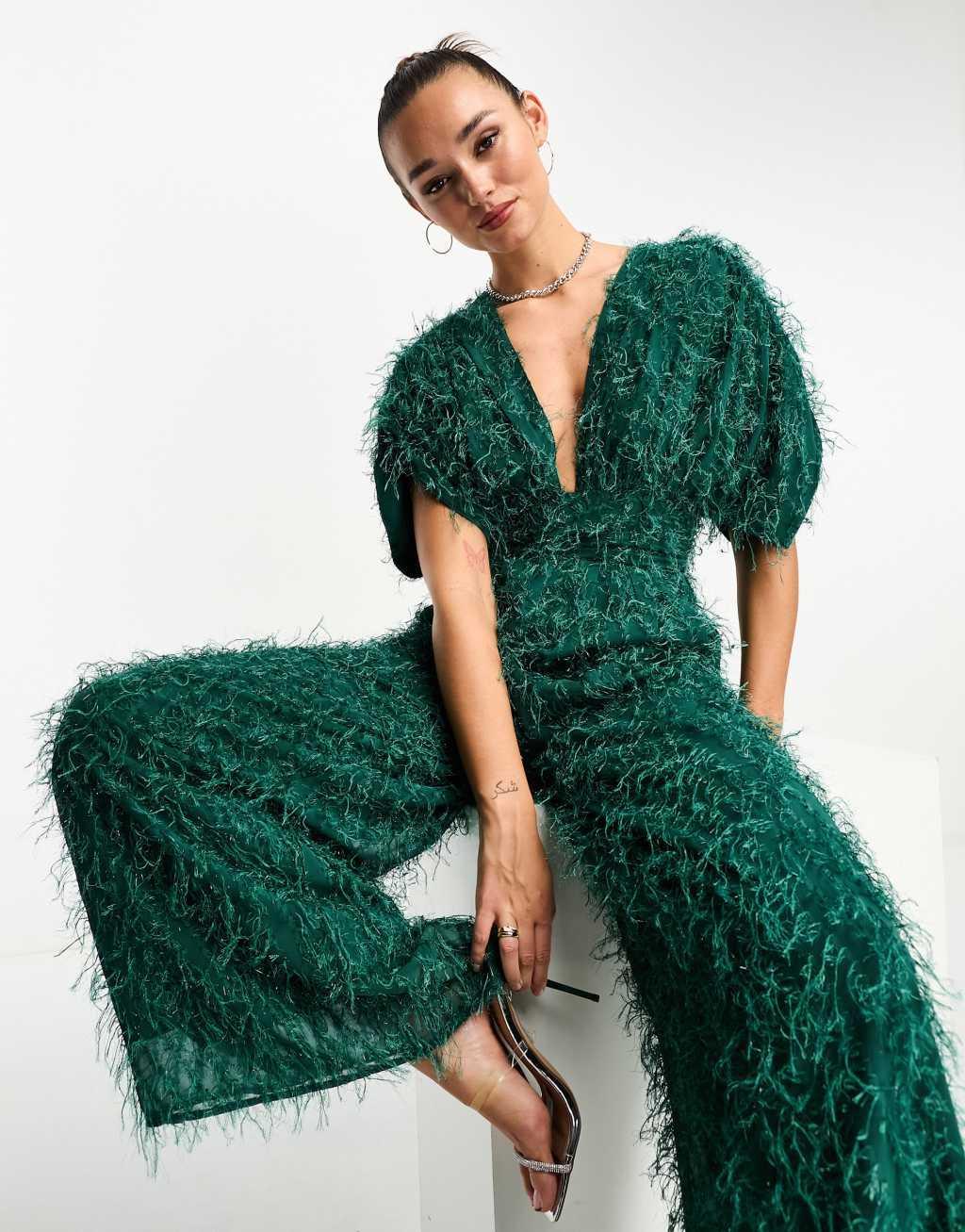 ASOS DESIGN fluffy plunge jumpsuit in green metallic Product Image