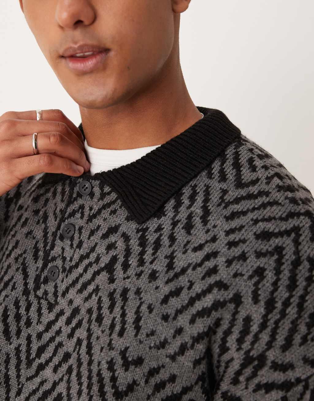 ASOS DESIGN relaxed boxy fit polo neck knit sweater with rib pattern in charcoal gray Product Image