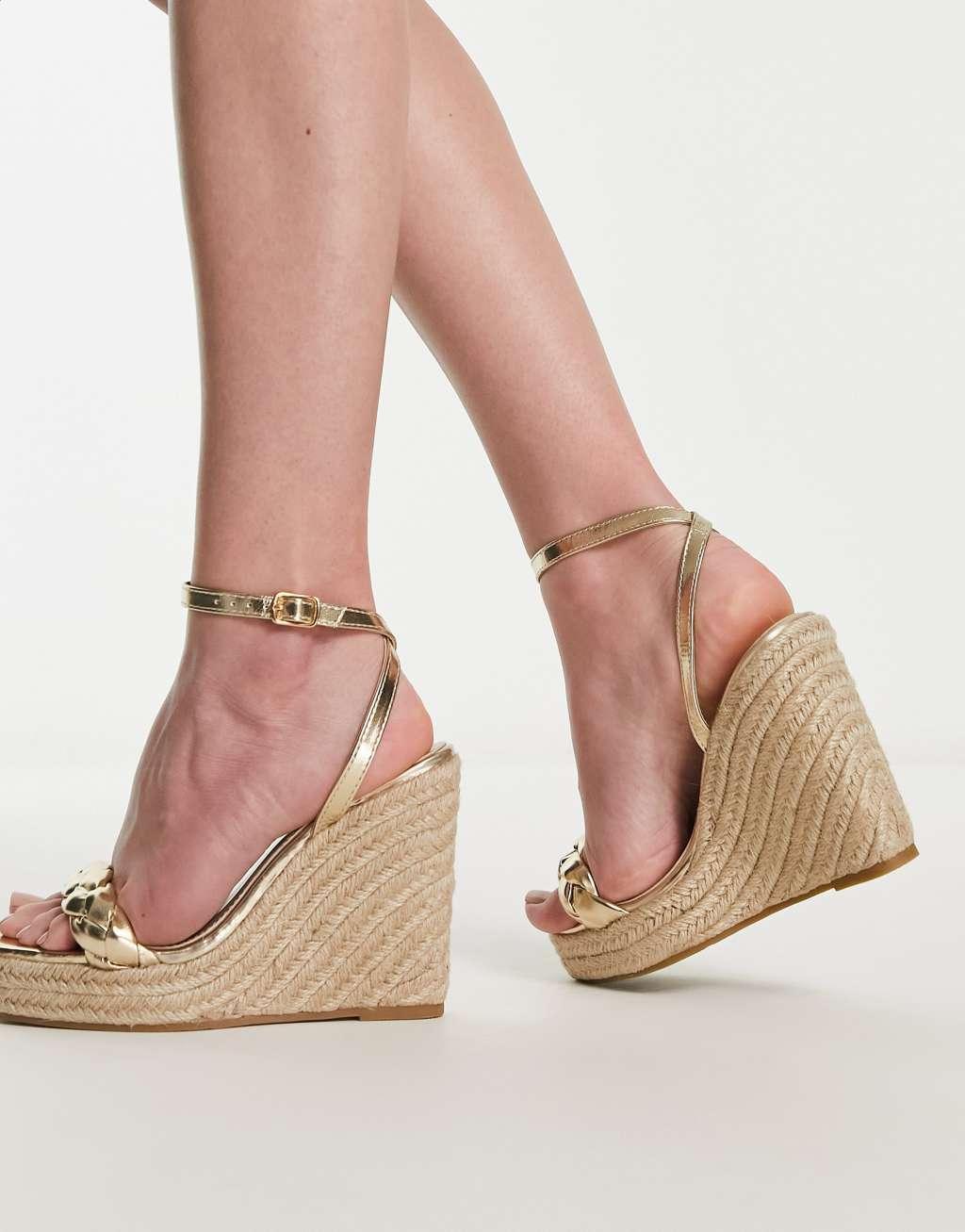 Glamorous Wide Fit espadrille wedge heeled sandals in gold Product Image