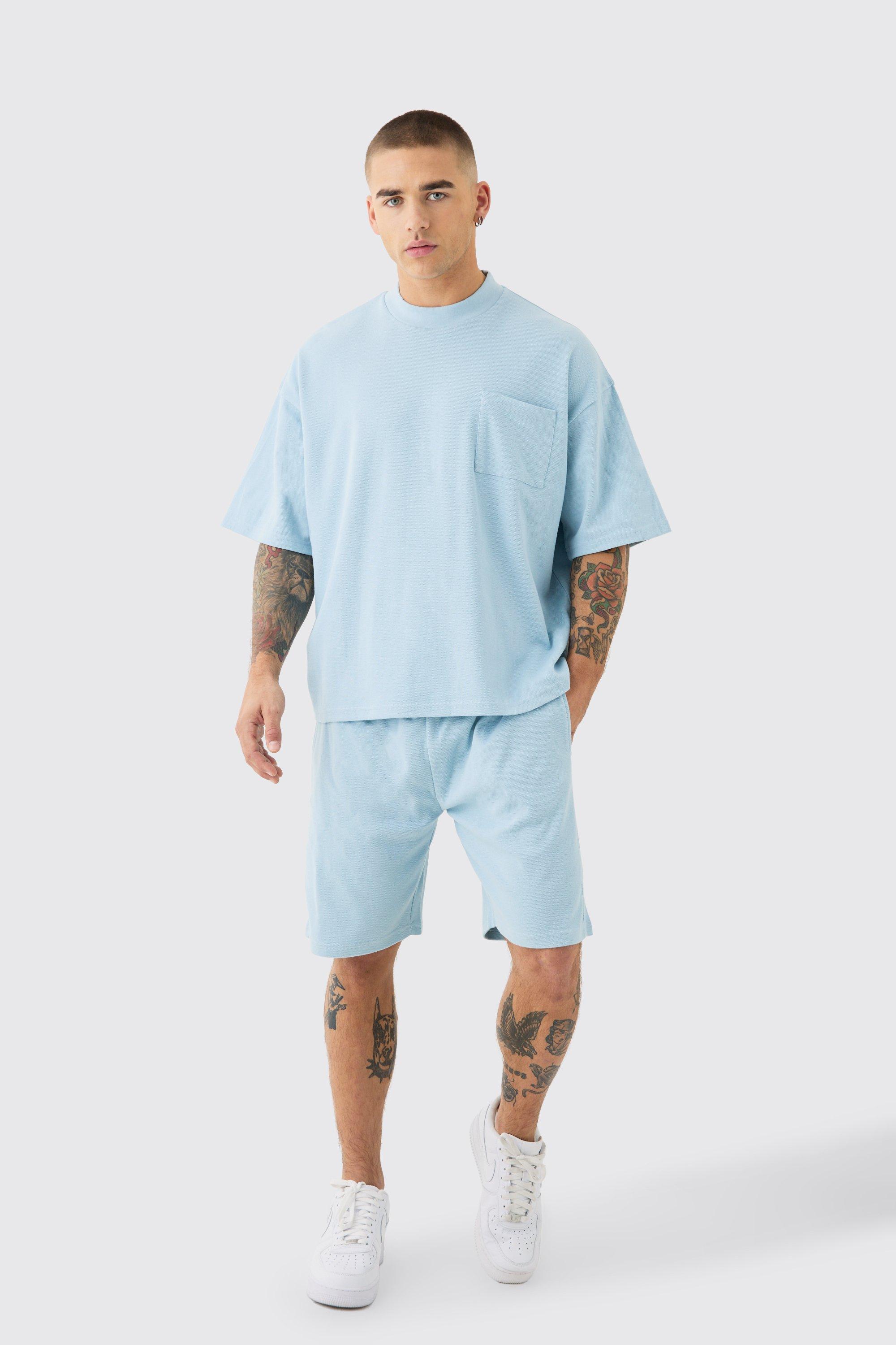 Oversized Boxy Fit Double Knit Mesh T-shirt & Short Set | boohooMAN USA Product Image