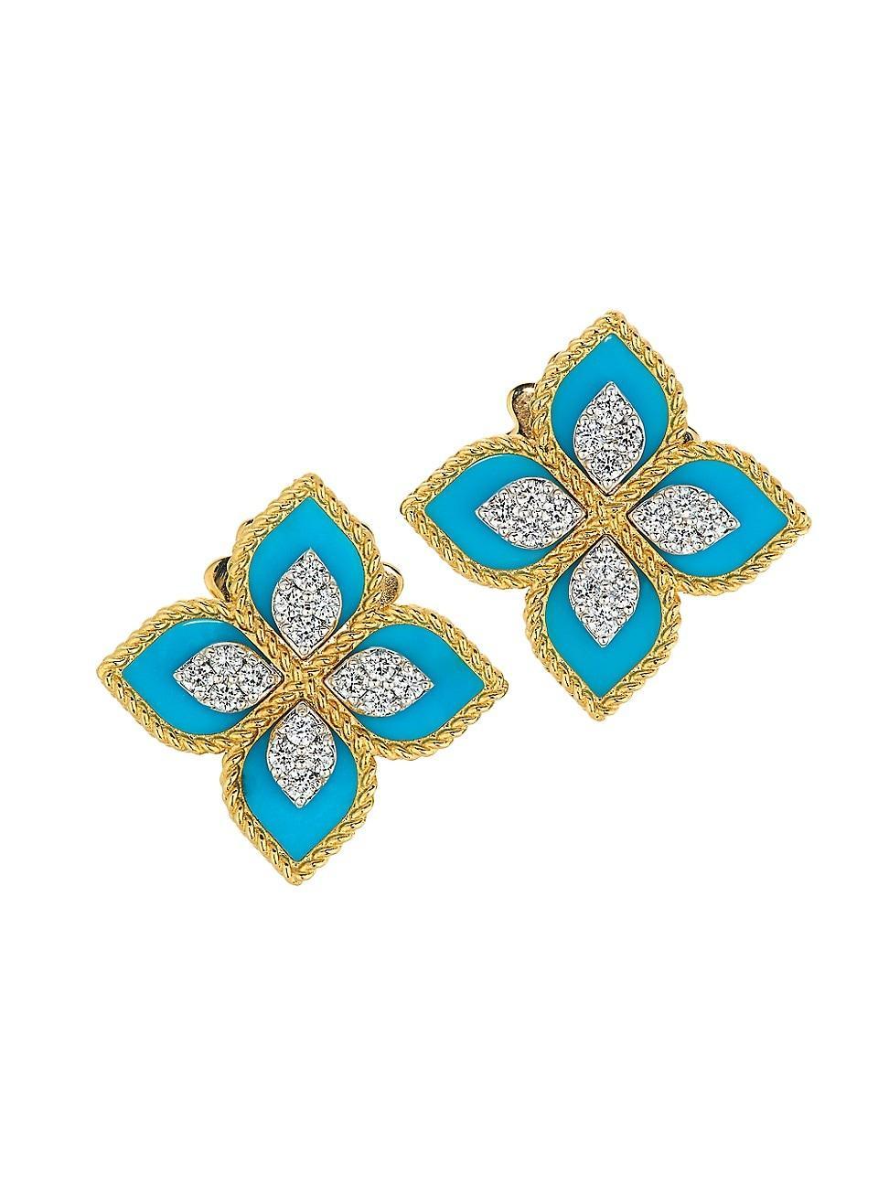 Womens Venetian Princess 18K Yellow Gold, Turquoise & 0.35 TCW Diamond Flower Stud Earrings Product Image