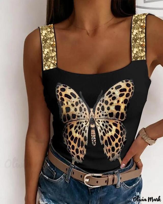 Olivia Mark – Butterfly Print Square Neck Backless Knit Tank Top Product Image