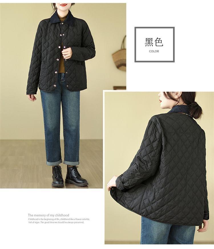 Contrast Collar Quilted Button-Up Jacket Product Image