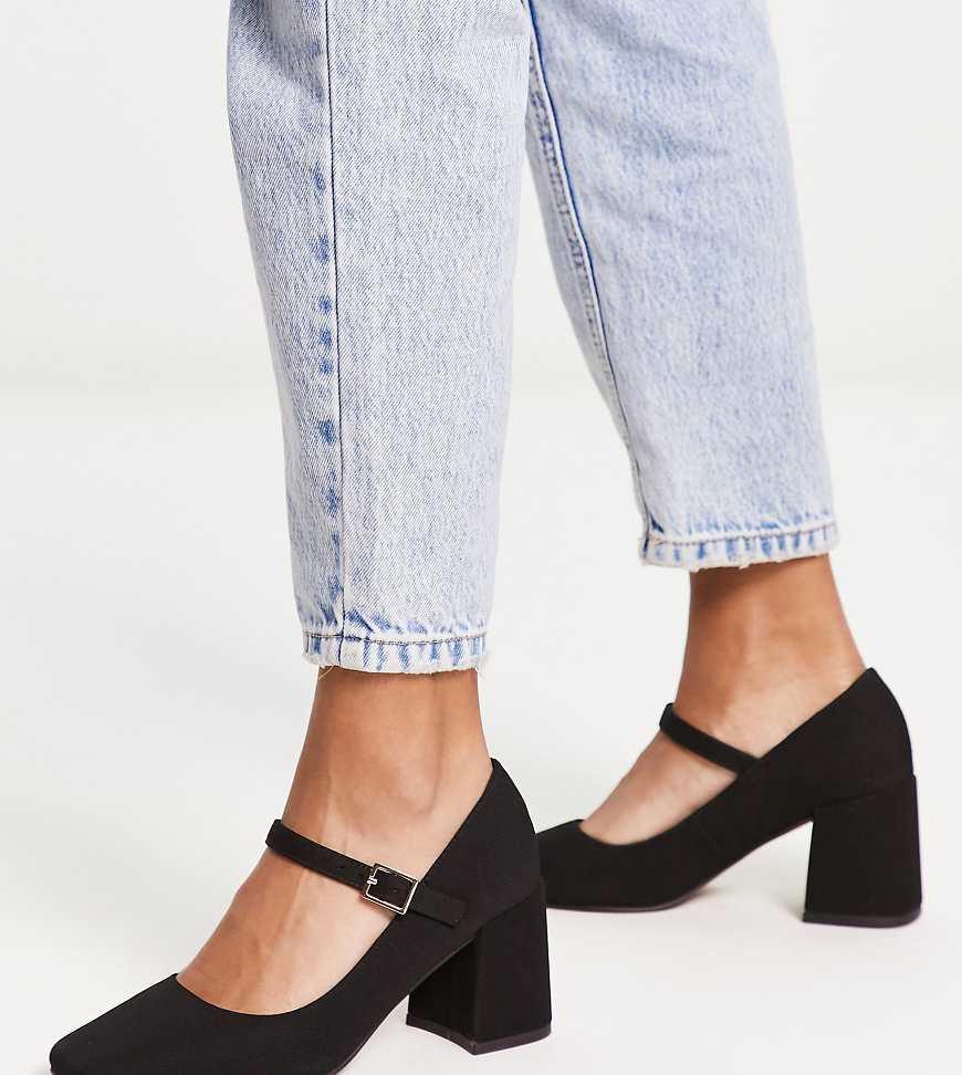 ASOS DESIGN Wide Fit Selene mary jane mid block heeled shoes in black Product Image