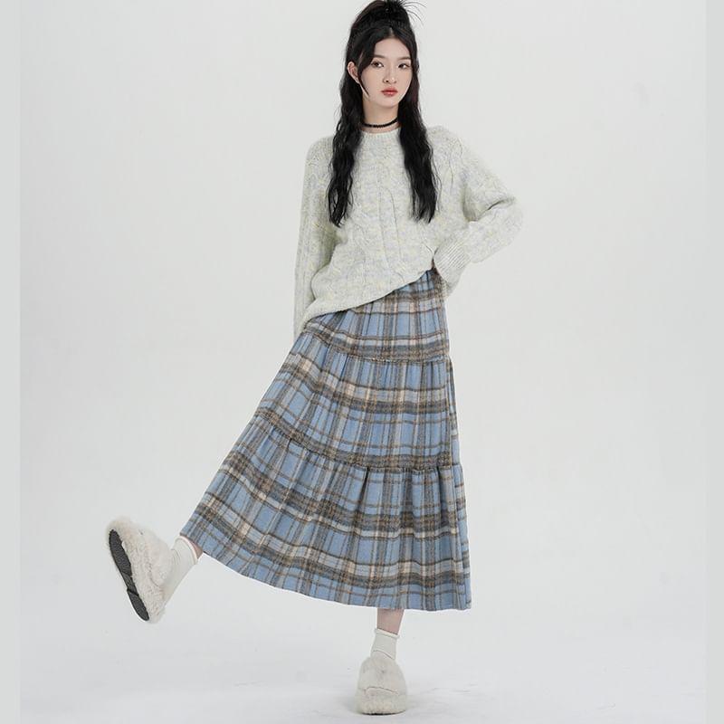 High Rise Plaid Midi A-Line Skirt Product Image