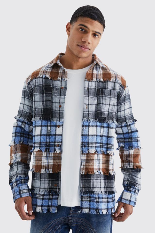 Distressed Spliced Checked Shirt | boohooMAN USA Product Image