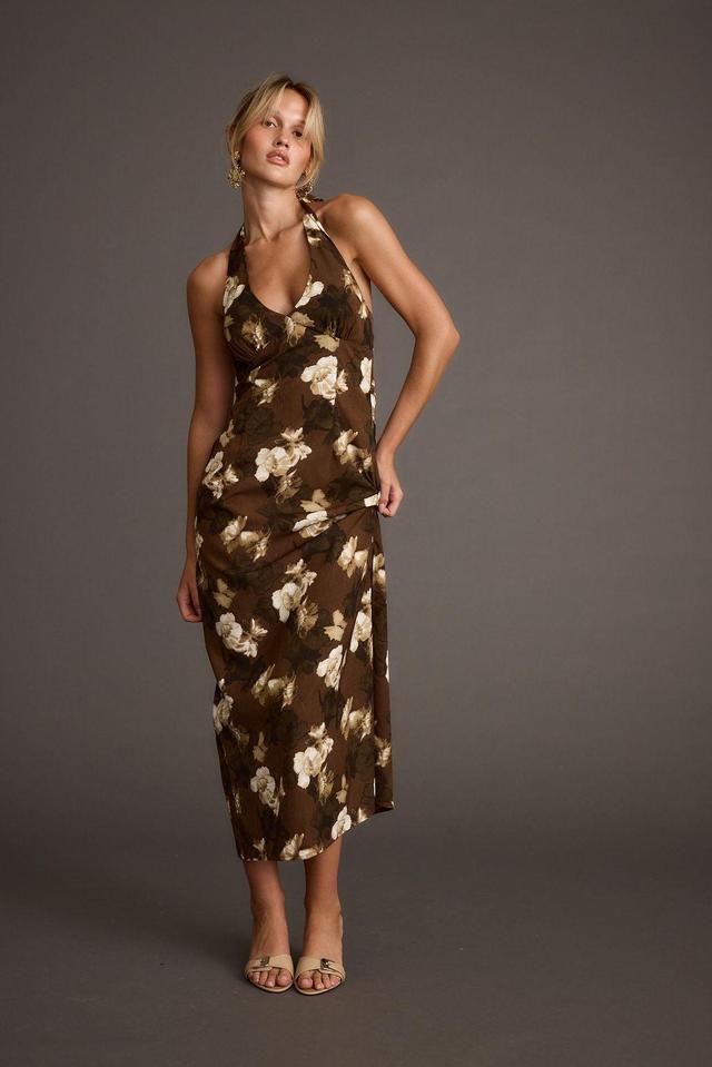 Audrina Brown Floral Halter Maxi Dress Product Image