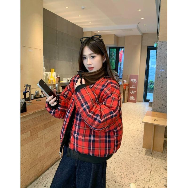 Stand Collar Reversible Plaid Zip-Up Jacket Product Image