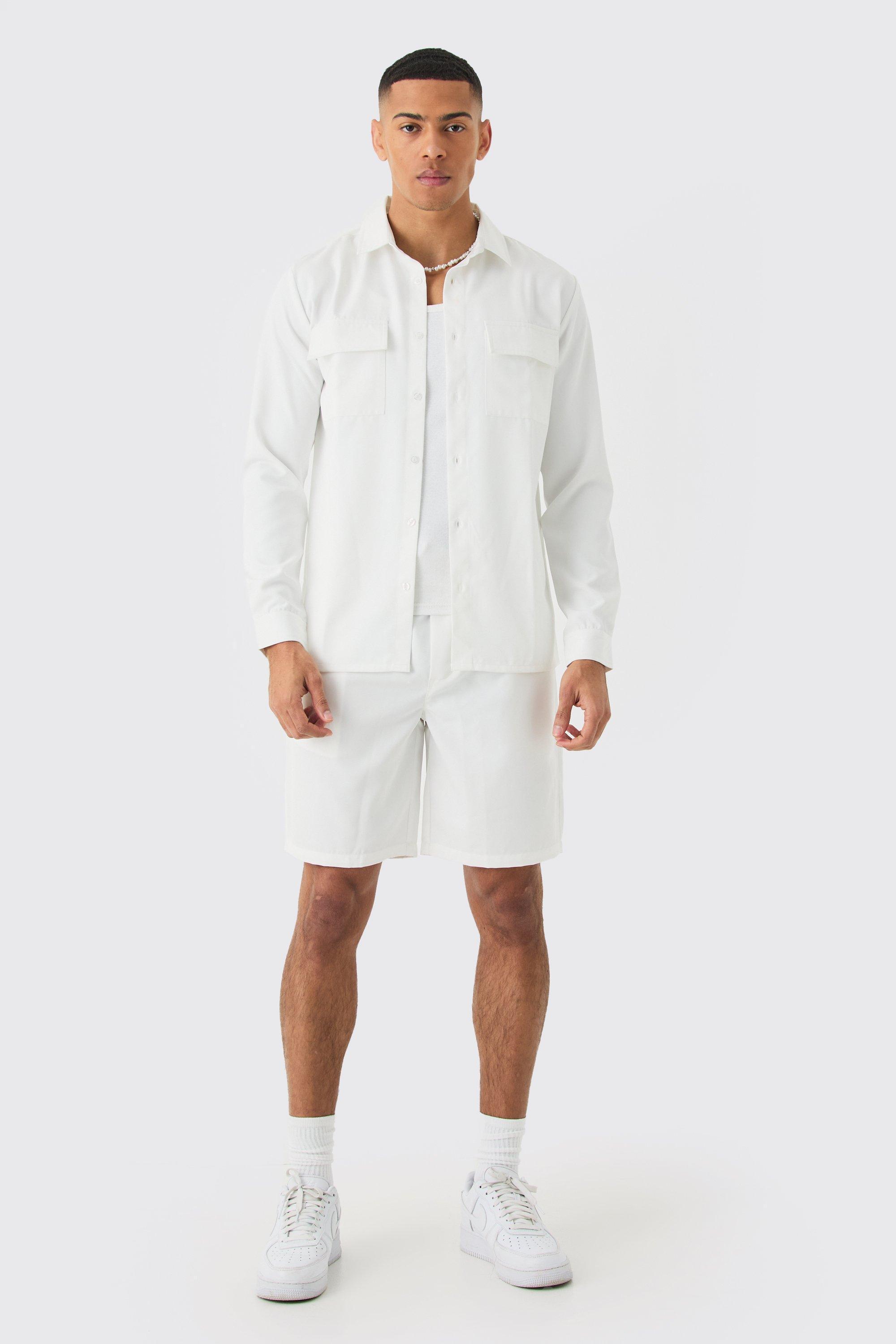 Mens White Soft Twill Overshirt And Short Set, White Product Image