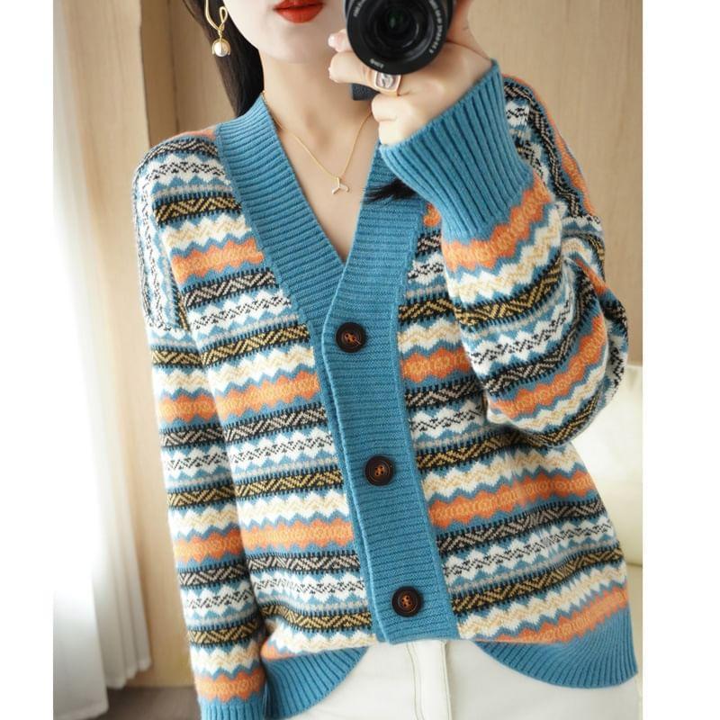 V-Neck Pattern Button-Up Cardigan Product Image