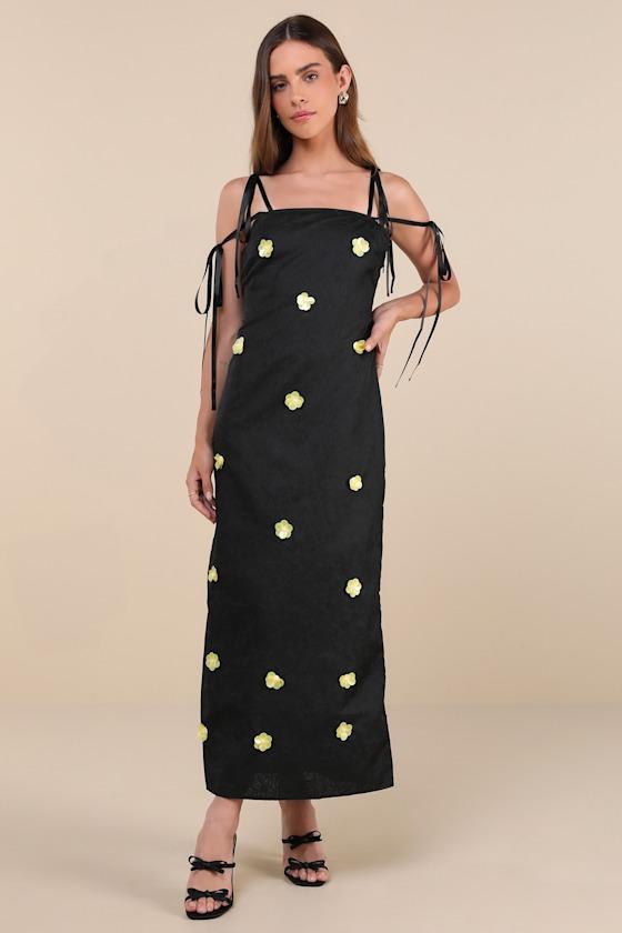 Fanciful Flower Black Jacquard Flower Tie-Strap Midi Dress Product Image