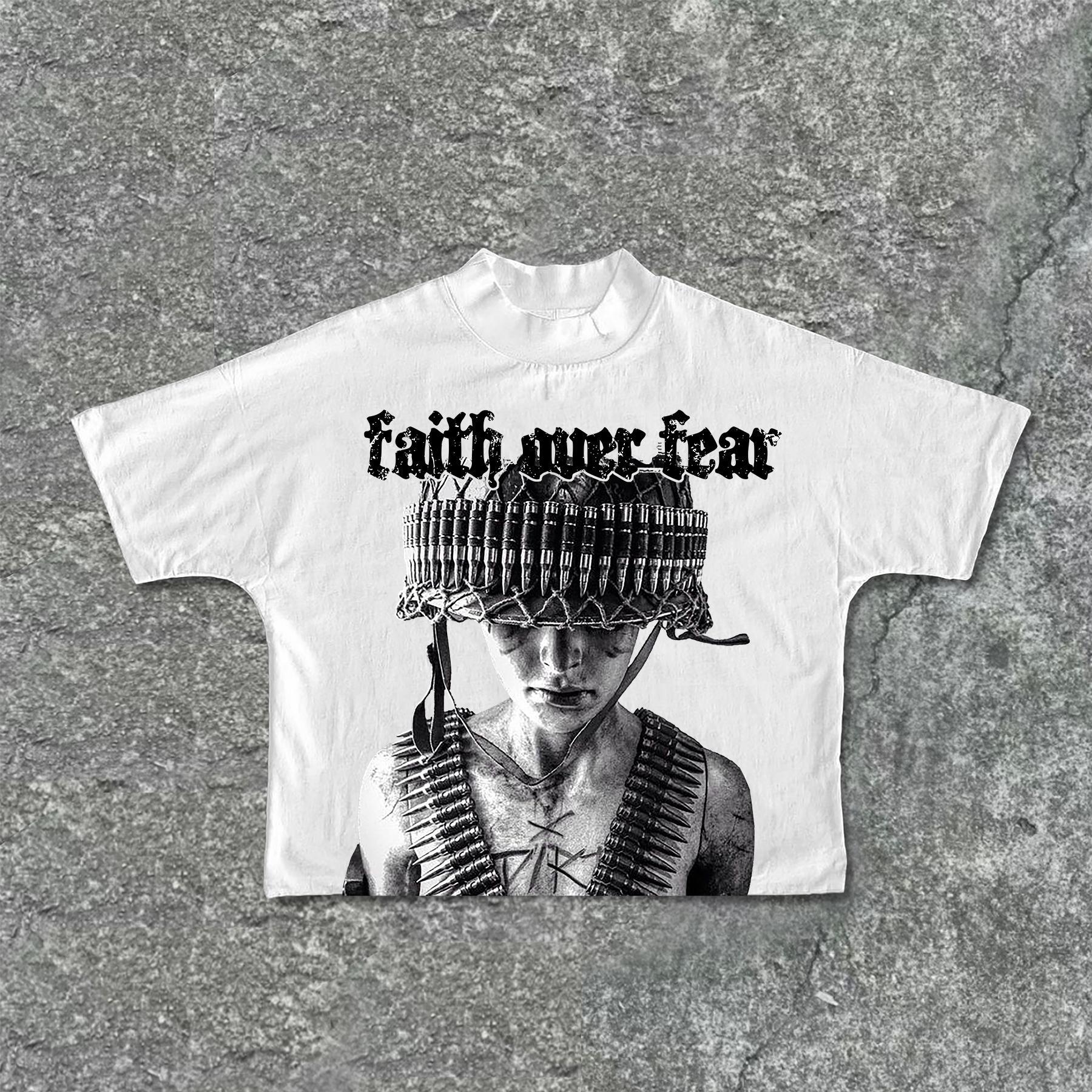 War Helmet Faith Over Fear Graphic Print Casual Cropped T-Shirts Product Image