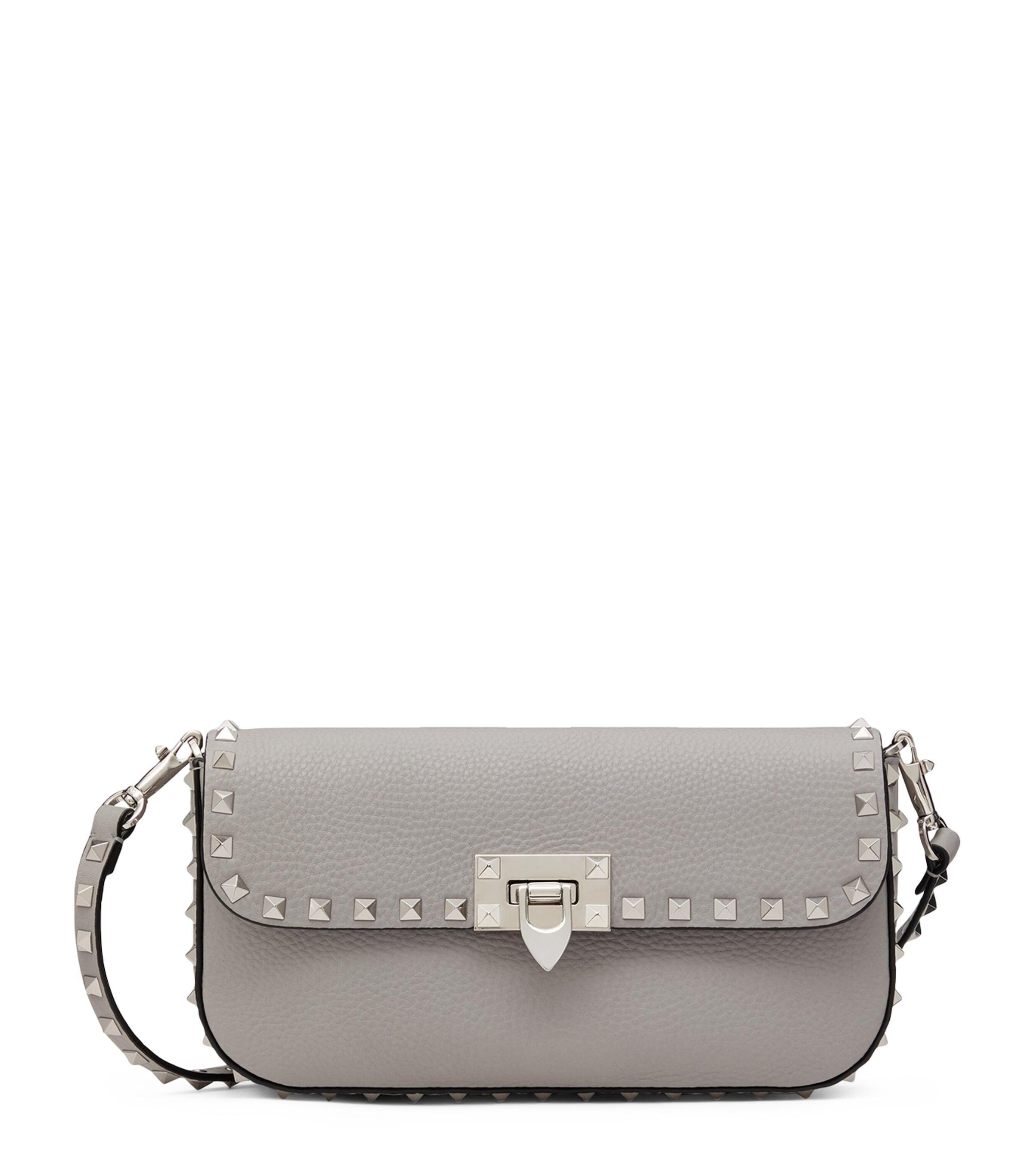 VALENTINO GARAVANI Medium Leather Rockstud Shoulder Bag In Gray Product Image