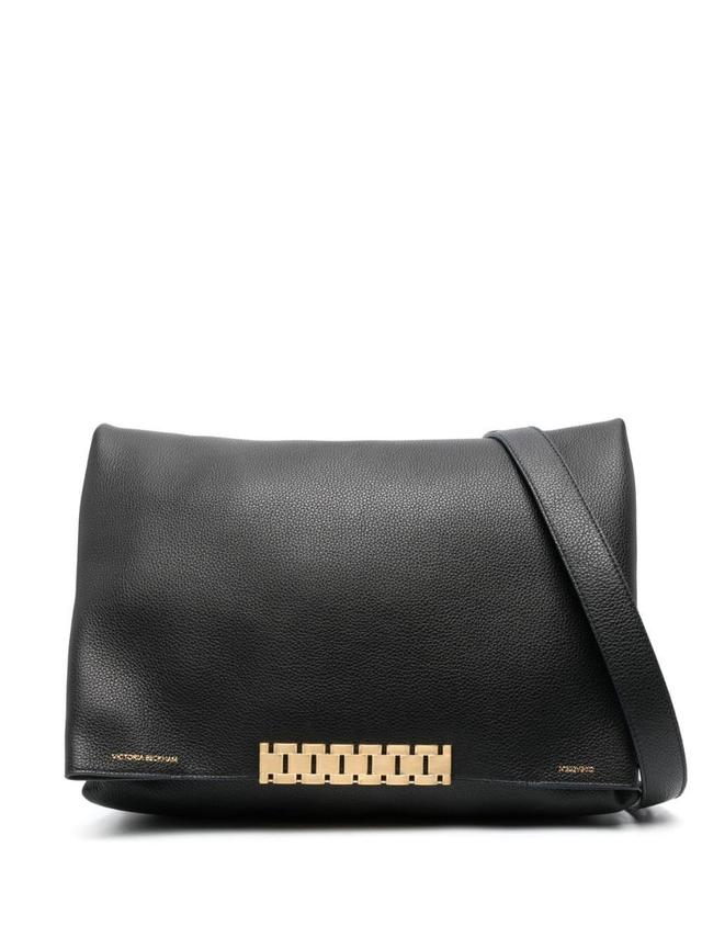 Large Chain Pouch Leather Shoulder Bag In Black Product Image