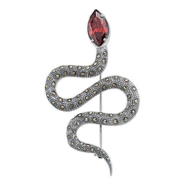 Lavish by TJM Sterling Silver Marquise Red Cubic Zirconia & Marcasite Serpent Pin, Womens Product Image