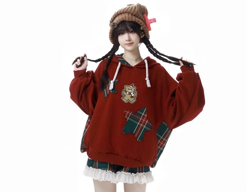 Bear Print Star Applique Plaid Panel Fleece-Lined Hoodie Product Image