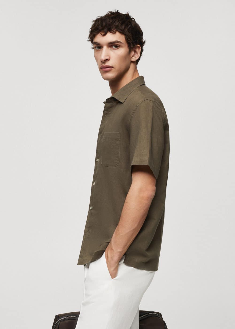 MANGO MAN - Regular-fit linen short-sleeved shirt khakiMen Product Image