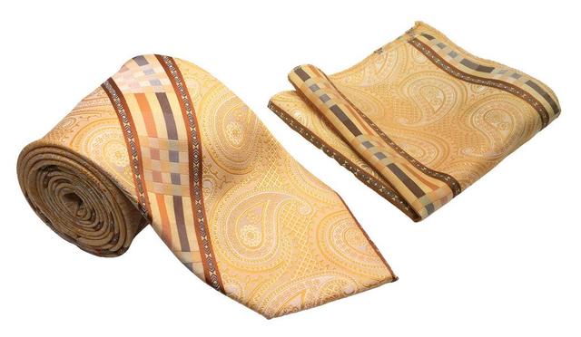 Gold Bronze Diagonal Plaid Paisley Pattern Men's Classic Tie and Pocket Square Set Product Image