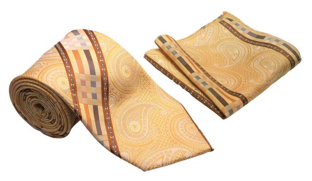 Gold Bronze Diagonal Plaid Paisley Pattern Men's Classic Tie and Pocket Square Set Male Product Image