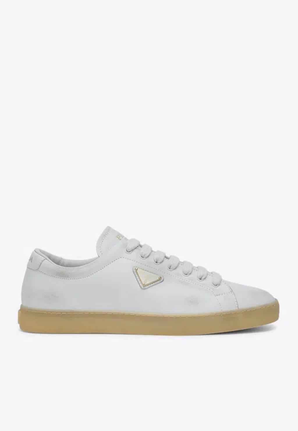 PRADA Mens White Triangle-plaque Vintage-effect Leather Low-top Trainers Product Image