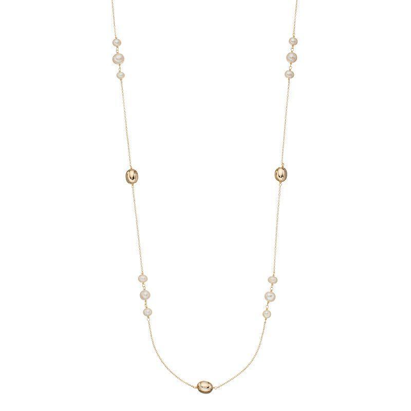 14k Gold Over Silver Freshwater Cultured Pearl Station Long Necklace, Womens White Product Image