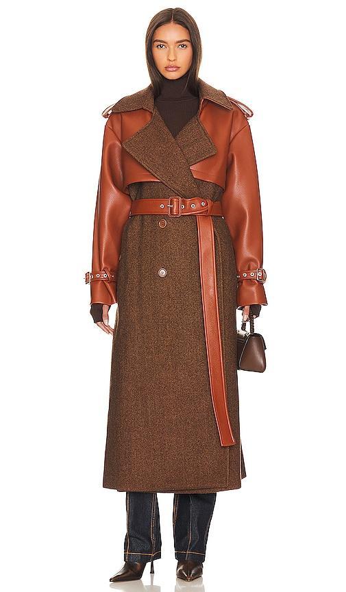 SIMKHAI Doni Faux Leather Combo Trench Coat Brown. (also in L). Product Image