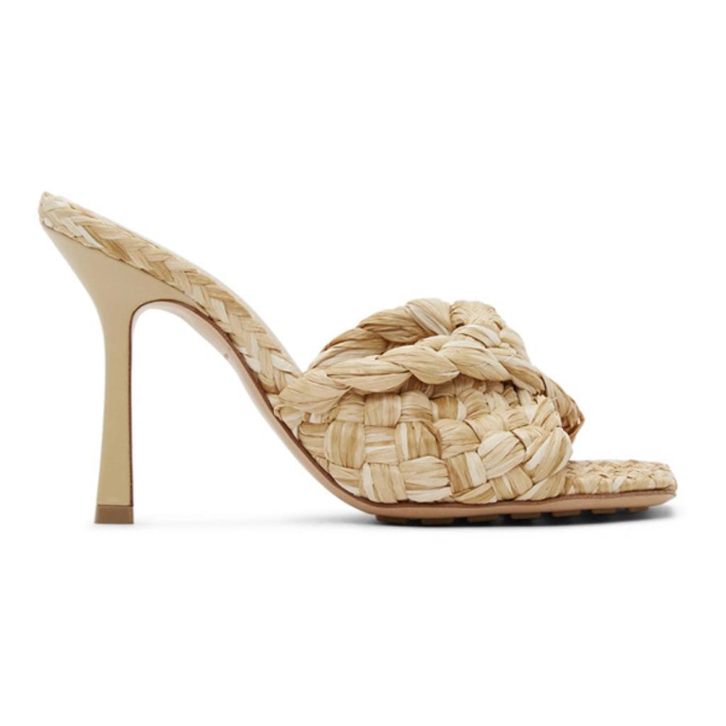 Beige Raffia Stretch Heeled Mules In Macadamia Product Image