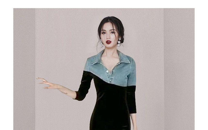 Mock Two-Piece Elbow-Sleeve Denim Panel Maxi Bodycon Dress Product Image