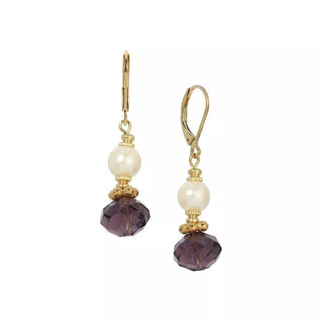 1928 Simulated Pearl & Purple Crystal Bead Drop Earrings, Womens Product Image