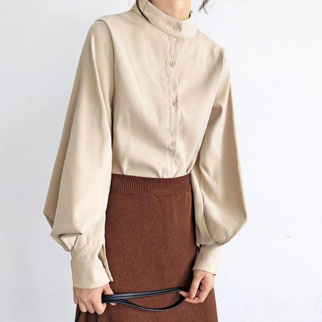 Balloon-Sleeve Long-Sleeve Mandarin-Collar Plain Blouse Product Image