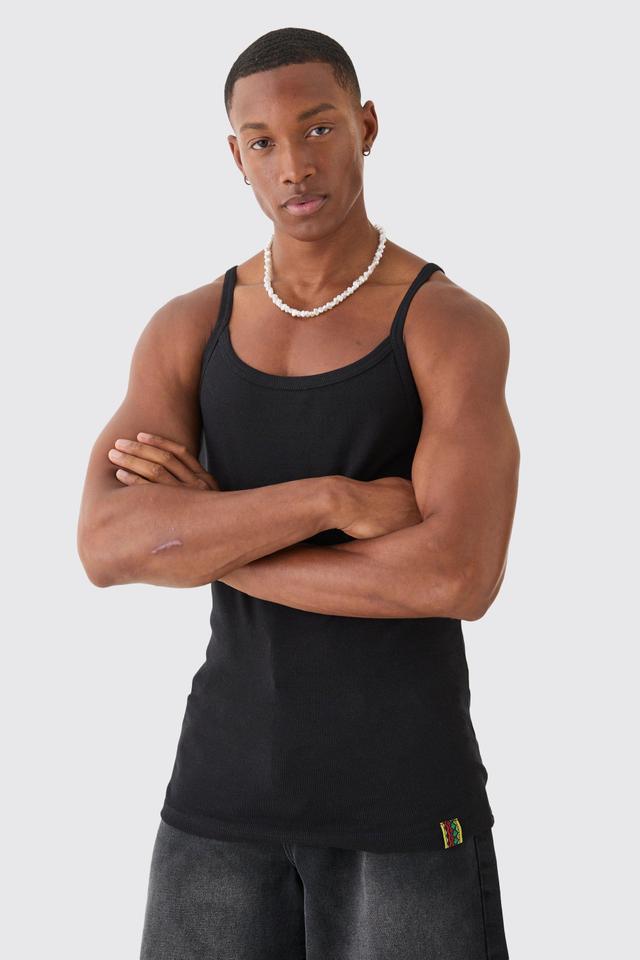 Mens Black Slim Squared Neck Ribbed Vest, Black Product Image