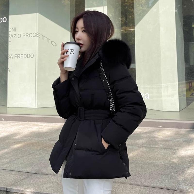 Stand Collar Plain Fluffy Trim Hood Zip Belted Puffer Jacket Product Image