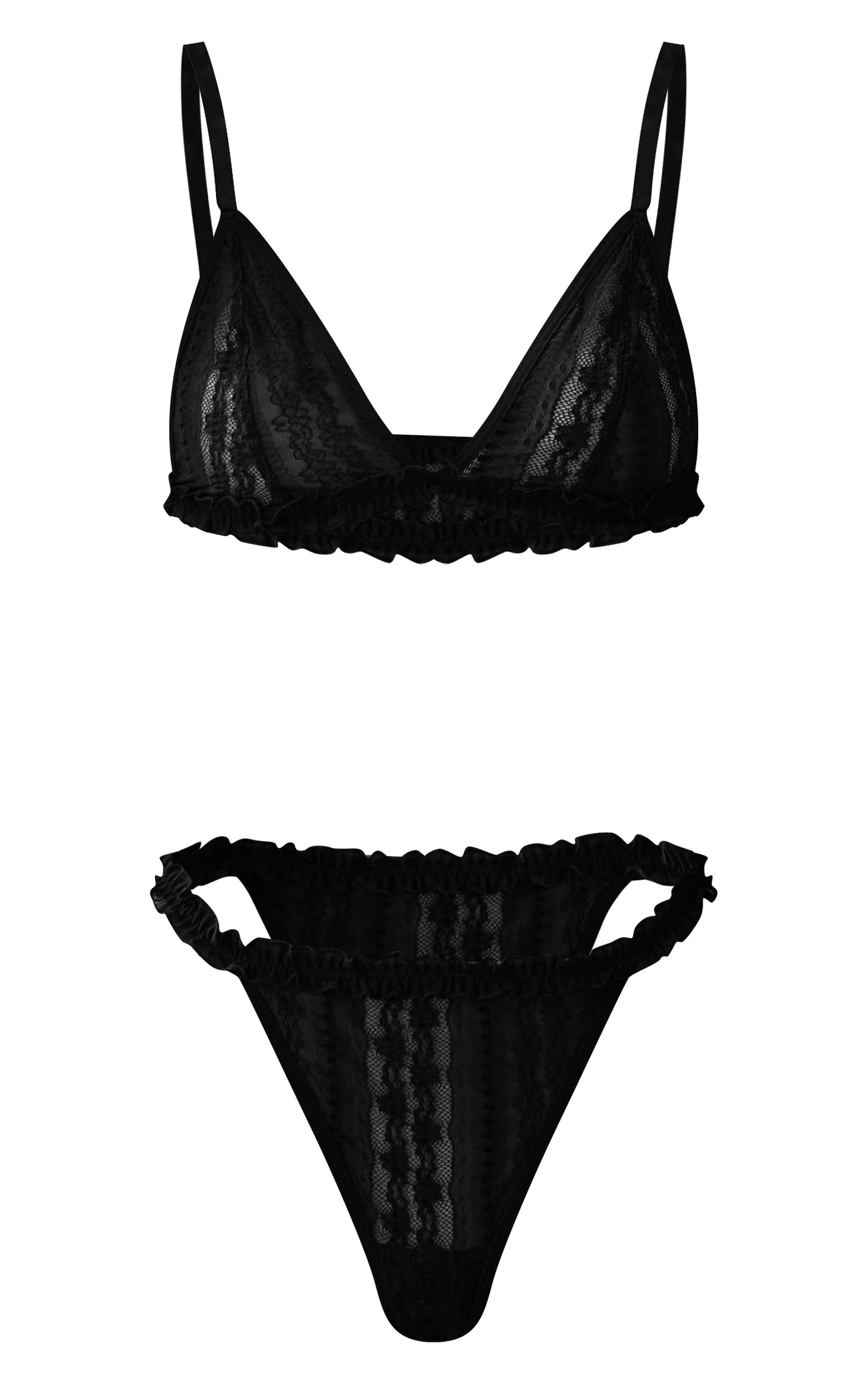 Black Textured Lace Triangle Lingerie Set Product Image