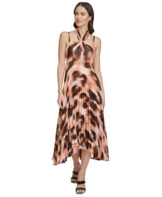 Dkny Womens Printed Pleated Asymmetric-Hem Chiffon Halter Dress Product Image