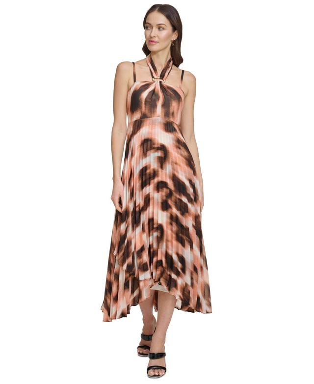 Dkny Womens Printed Pleated Asymmetric-Hem Chiffon Halter Dress Product Image