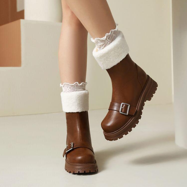 Buckled Fluffy Trim Platform Chunky Heel Short Boots Product Image