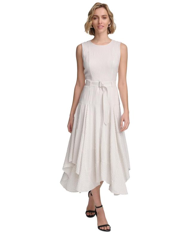 Calvin Klein Womens Striped Handkerchief-Hem Dress - Soft White Product Image