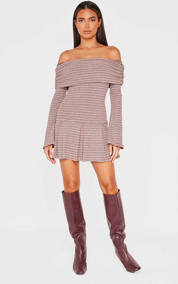 Chocolate Textured Monochrome Bardot Flared Sleeve Shift Dress Product Image